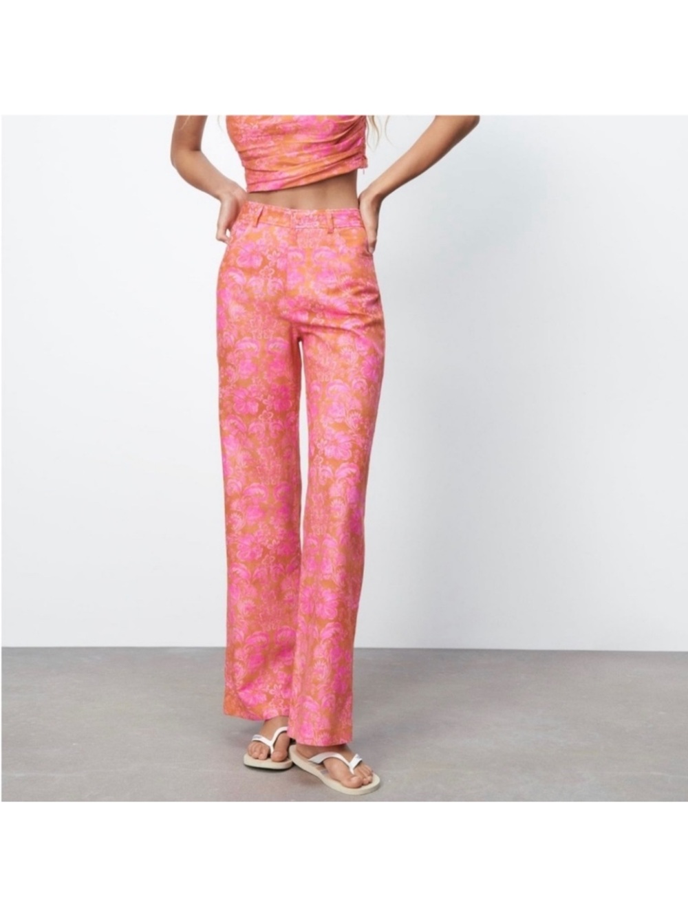 Zara Pink Paisley-Print straight Leg Pants